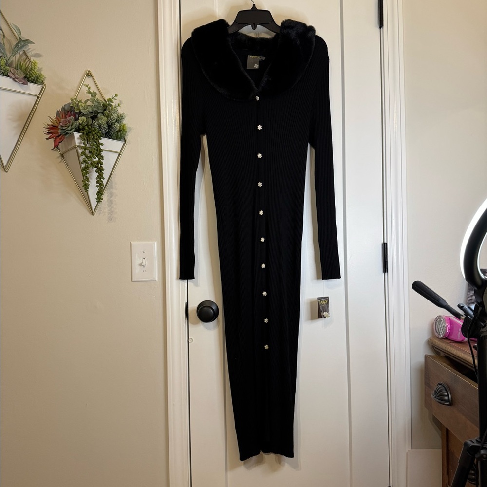 Taylor Black Sweater Dress with removable Fur Collar